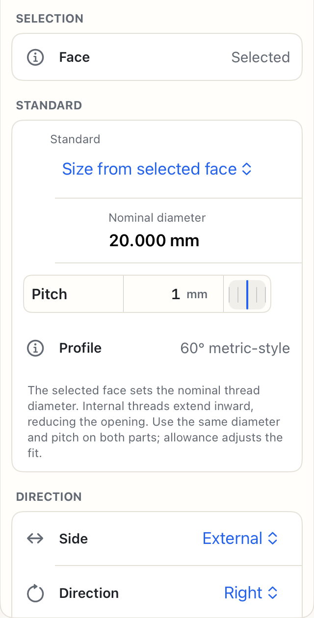 Size from selected face exposes the live diameter and editable Pitch using a common nominal diameter for internal and external threads.