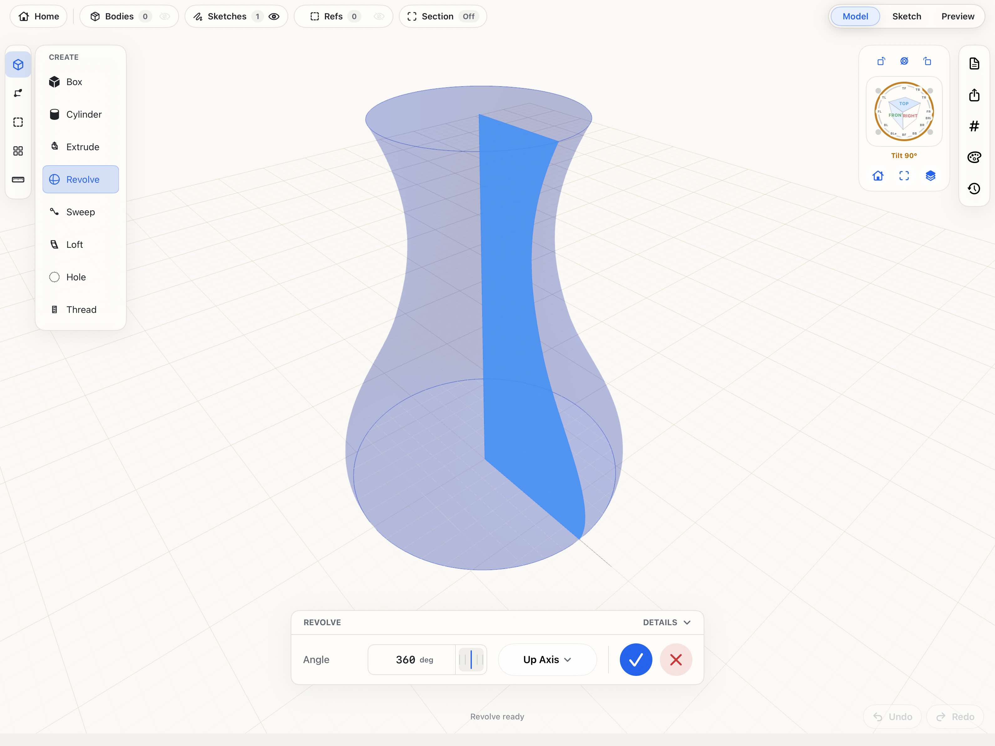 MakerSolid revolve tool previewing a curved solid from a sketch profile.