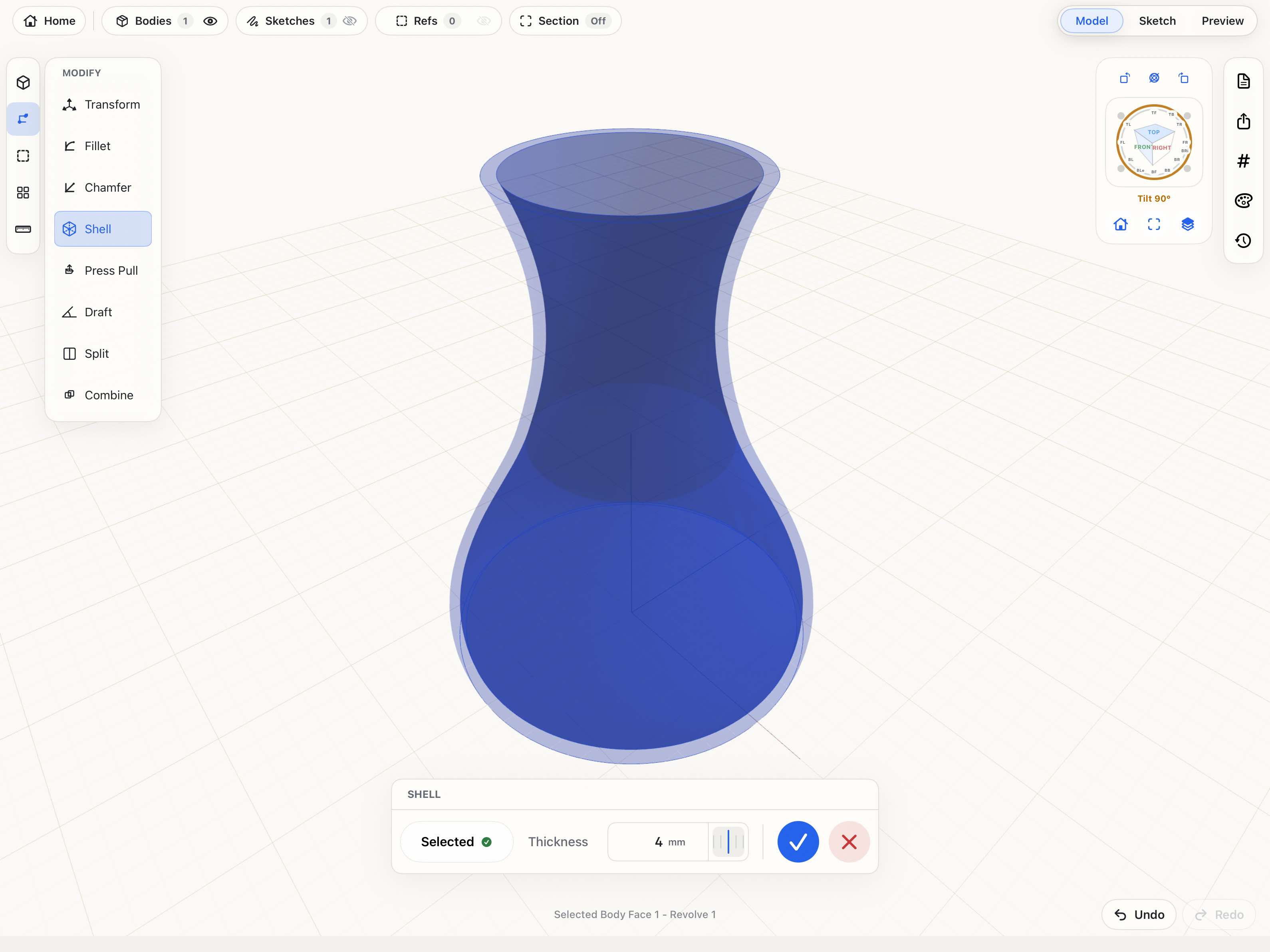 MakerSolid CAD interface applying a shell operation to a curved model.